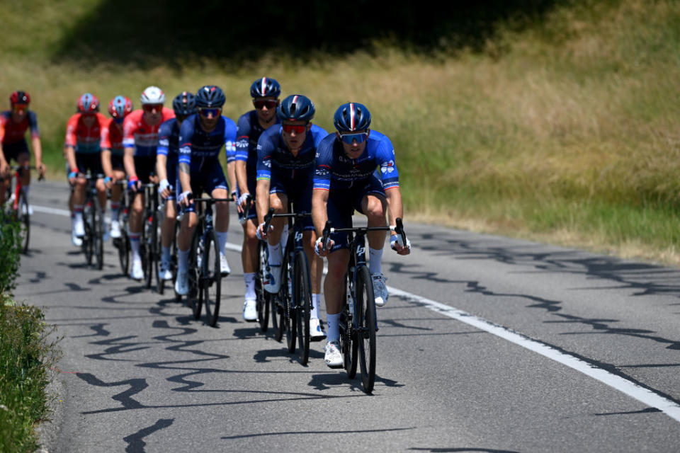 VILLARSSUROLLON SWITZERLAND  JUNE 13 Arnaud Dmare of France and Team GroupamaFDJ leads the peloton during the 86th Tour de Suisse 2023 Stage 3 a 1438km stage from Tafers to VillarssurOllon 1256m  UCIWT  on June 13 2023 in VillarssurOllon Switzerland Photo by Dario BelingheriGetty Images