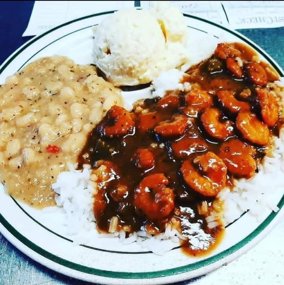 A-Bear's shrimp stew, with white beans and potato salad on the side, is among the down-home Cajun dishes the restaurant serves daily.