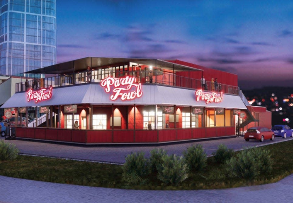 An architectural rendering of the planned new downtown Party Fowl location, which has since been canceled amid financial problems for the hot-chicken chain.