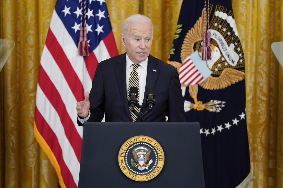 President Joe Biden speaks at an event to celebrate the reauthorization of the Violence Against Women Act in the East Room of the White House, Wednesday, March 16, 2022, in Washington. (AP Photo/Patrick Semansky)