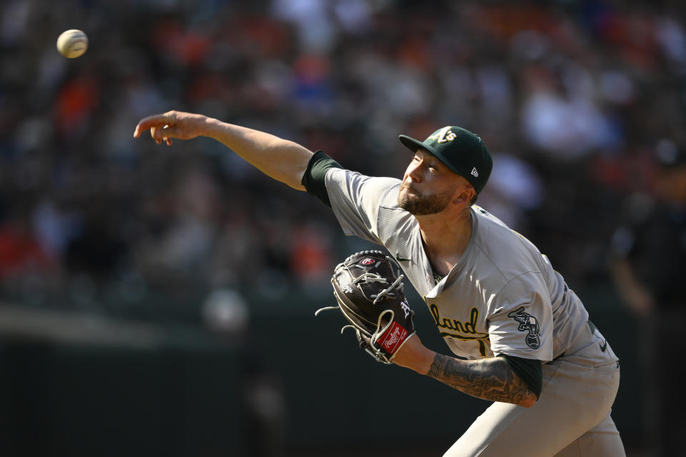 Oakland Athletics relief pitcher Lucas Erceg throws during the ninth inning of a baseball game against the Baltimore Orioles, Sunday, April 28, 2024, in Baltimore. (AP Photo/Nick Wass)