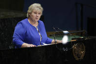 Norway's Prime Minister Erna Solberg addresses the 74th session of the United Nations General Assembly, Friday, Sept. 27, 2019, at the United Nations headquarters. (AP Photo/Frank Franklin II)