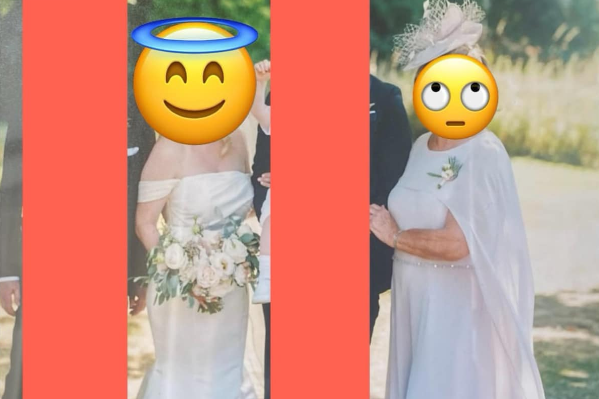 Photo of a bride, groom and mother in law wearing a white dress at a wedding