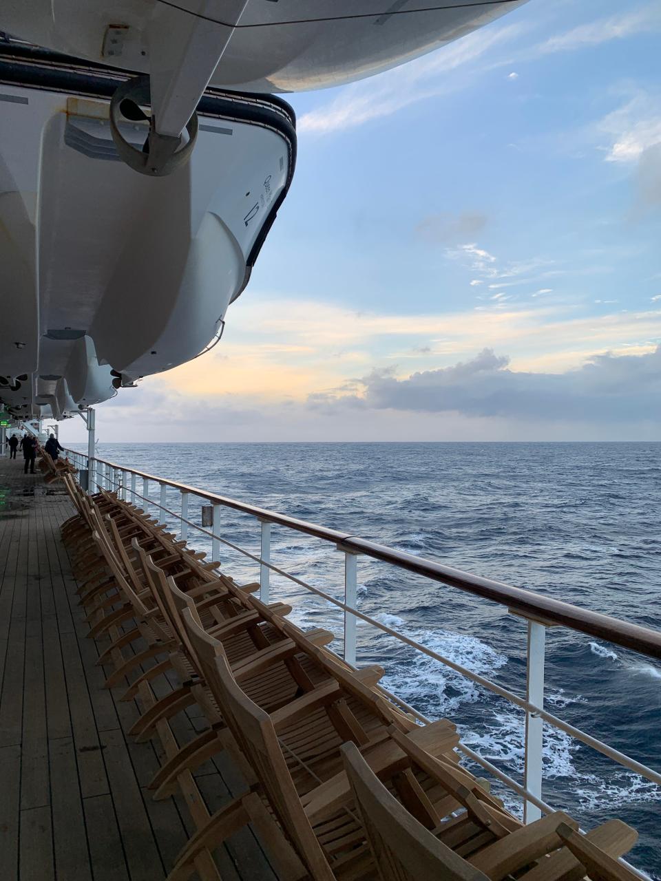 The deck of the Queen Mary 2 in January of 2024 on the crossing from New York to Southampton, UK. Temperatures hovered just above zero and the seas were rough. Some passengers braved the deck for brisk walks but there was little lounging in deck chairs.