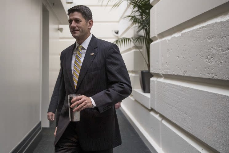 House Speaker Paul Ryan arrives for a GOP caucus meeting on Capitol Hill, May 23, 2017