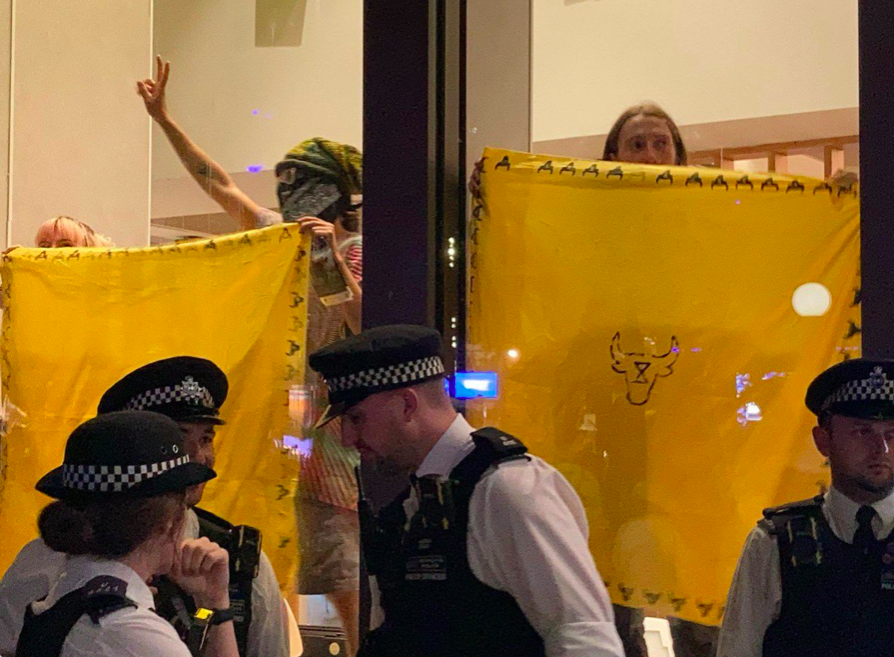 Protesters held up yellow flags at the front of the McDonald's in Leicester Square. (Twitter/Animal Rebellion)