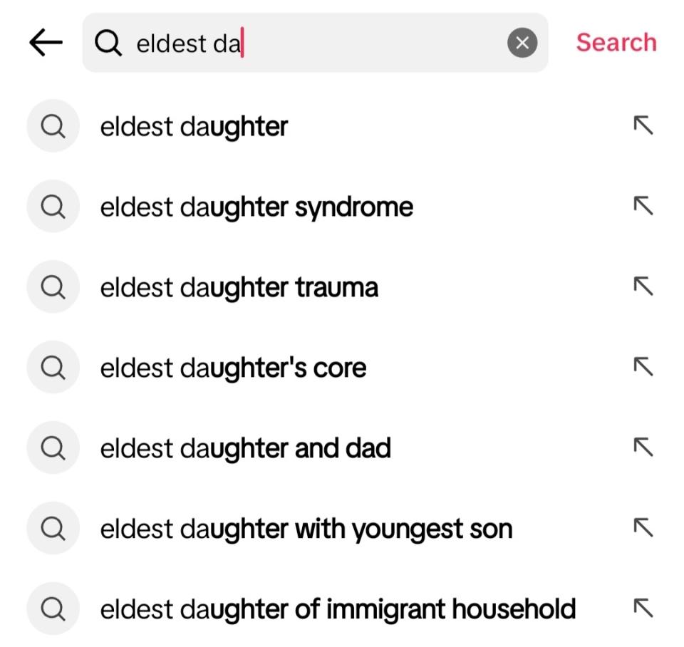 Search engine autocomplete suggestions for the phrase "eldest da," including eldest daughter syndrome, eldest daughter trauma, eldest daughter and dad, and eldest daughter of immigrant household