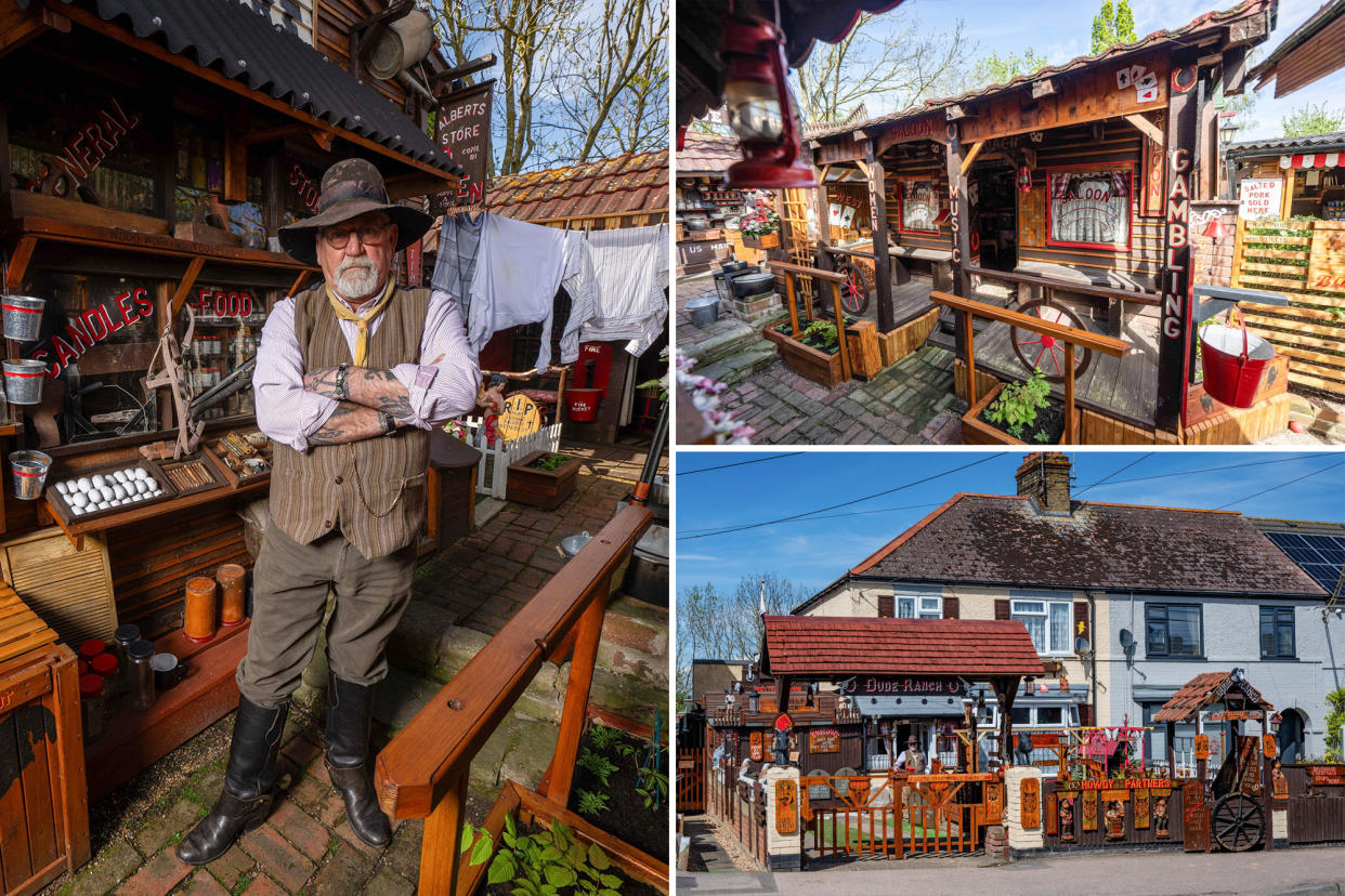 Man standing in front of a Wild West town replica, complete with Bank, Saloon, and General stores, he created in his front and back garden