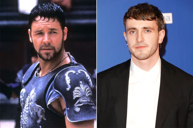 <p>DreamWorks/courtesy Everett; Tristan Fewings/Getty</p> Russell Crowe in 'Gladiator' and Paul Mescal