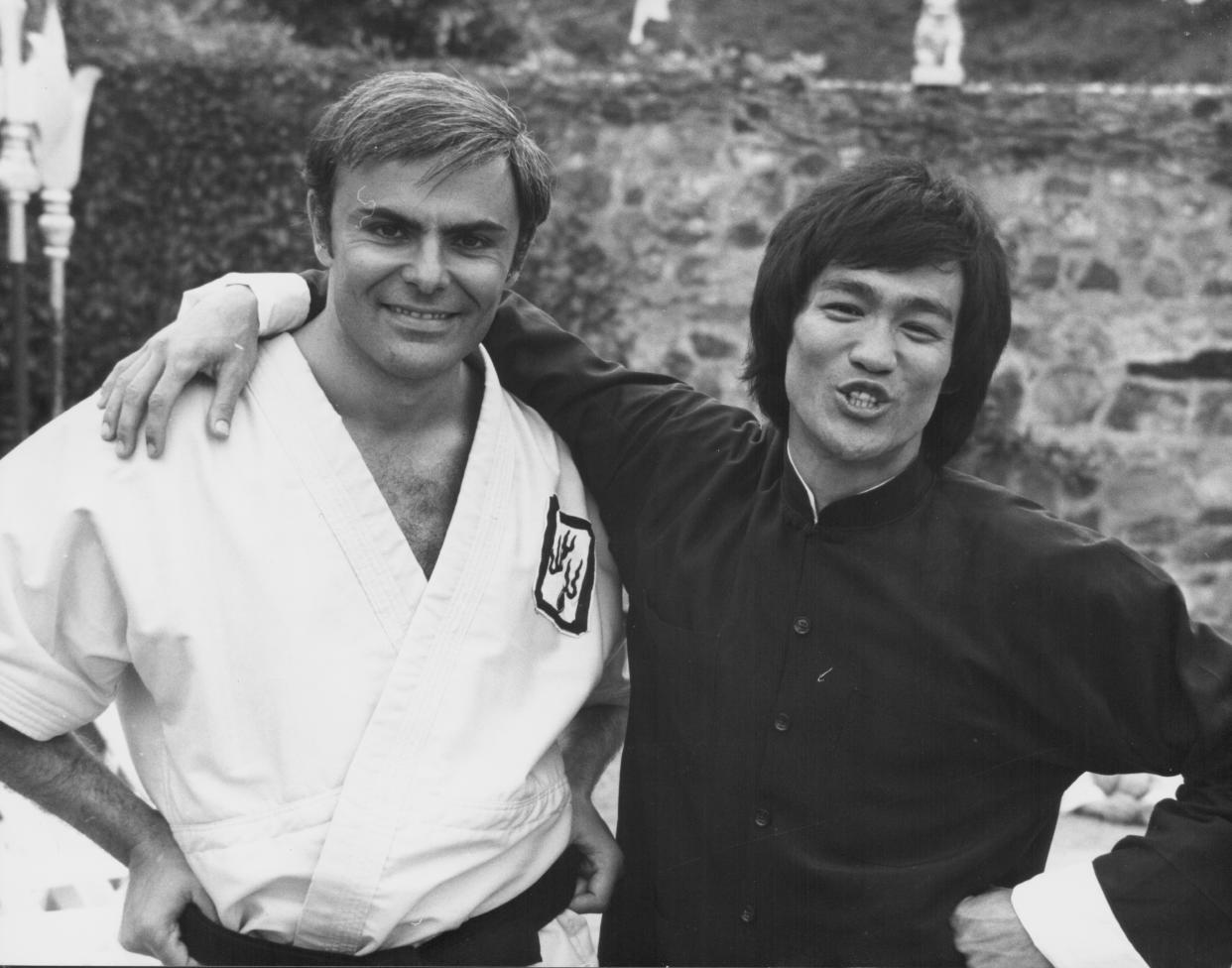 Actors Bruce Lee and John Saxon, on the set of the movie 'Enter the Dragon', 1973. (Photo by Stanley Bielecki Movie Collection/Getty Images)