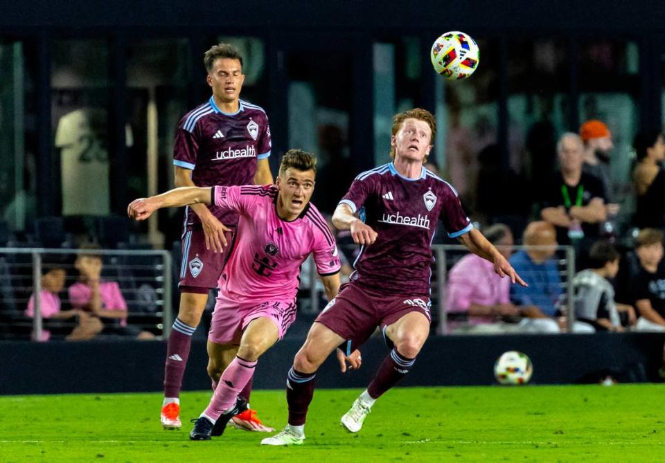 Inter Miami midfielder Julian Gressel (24) go after the ball against Colorado Rapids midfielder Oliver Larraz (18) in the first half of an MLS match at Chase Stadium on Saturday, April 6, 2024, in Fort Lauderdale, Fla.