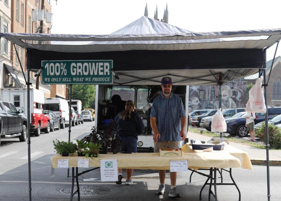 Almost sold out. This is what it looks like when I get to Henkle’s Herbs & Heirlooms’ booth too late. They have tables of red, pink, yellow and purple heirloom tomatoes, including cherries. They also sell a wide range of pepper from sweet banana to searing hot.