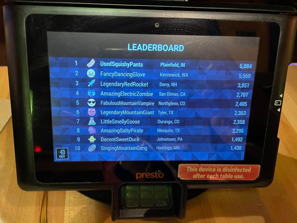 Game tablet at Applebee's with leaderboard