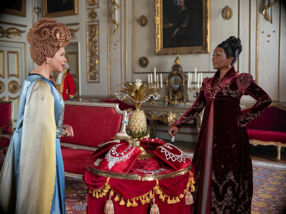 Queen Charlotte (Golda Rosheuvel) and Lady Agatha Danbury (Adjoa Andoh) in "Bridgerton" season three, episode two.