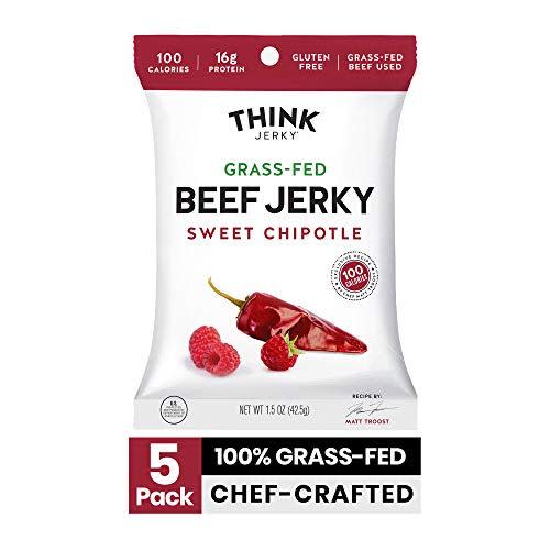 <p><strong>Think Jerky</strong></p><p>amazon.com</p><p><strong>$20.99</strong></p><p><a href="https://www.amazon.com/dp/B018GTUSJ4?tag=syn-yahoo-20&ascsubtag=%5Bartid%7C10055.g.33447766%5Bsrc%7Cyahoo-us" rel="nofollow noopener" target="_blank" data-ylk="slk:BUY NOW;elm:context_link;itc:0;sec:content-canvas" class="link ">BUY NOW</a></p><p>One happy snacker referred to the Sweet Chipotle flavor as "an excellent dessert jerky," because of its relatively sweet taste, and said it had "great flavor, good texture," on the smooth side with a hint of berry. This one does hit Sassos's ceiling for sugar (8g per serving) but with 16 g of protein, it's a yummy trade-off.</p>