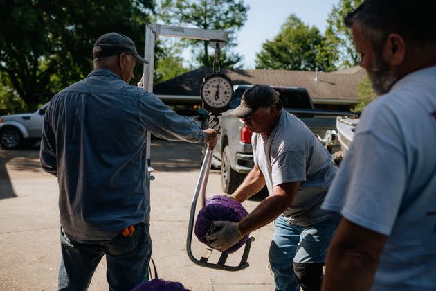 Jody Meche, center, a crawfisherman and member of the Atchafalaya task force put together by Gov. John Bel Edwards, sells his catch for the day at Huey's Seafood in Bayou Sorrel on April 19. The task force is meant to address growing flooding risks and environmental impacts on the Atchafalaya Basin. (Photo: Bryan Tarnowski for HuffPost)