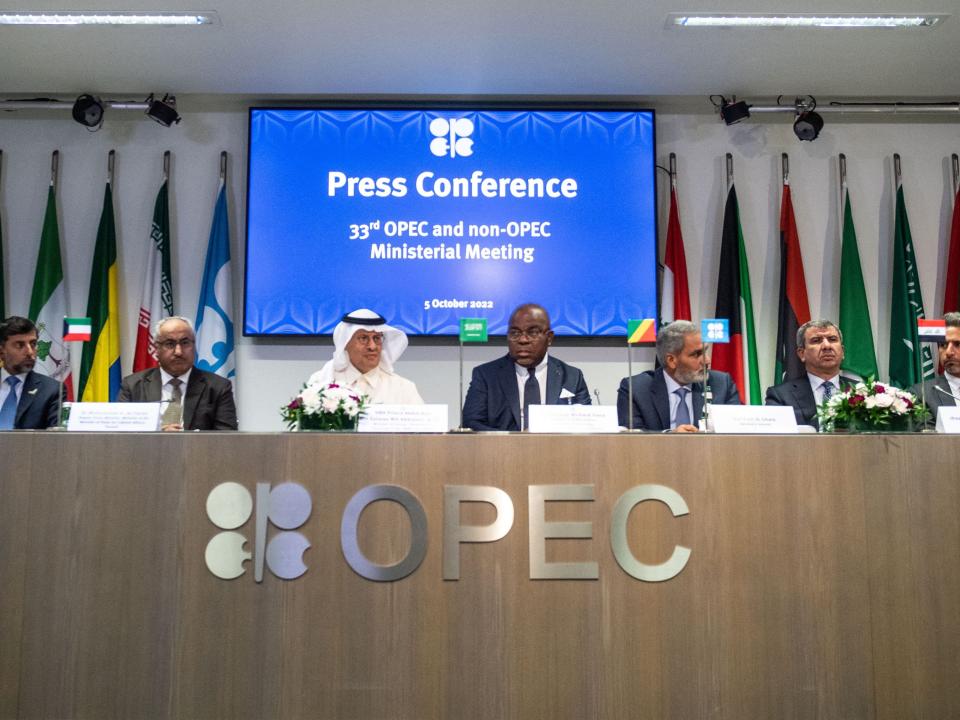 Representatives of OPEC member countries attend a press conference after the 45th Joint Ministerial Monitoring Committee and the 33rd OPEC and non-OPEC Ministerial Meeting in Vienna, Austria, on October 5, 2022.