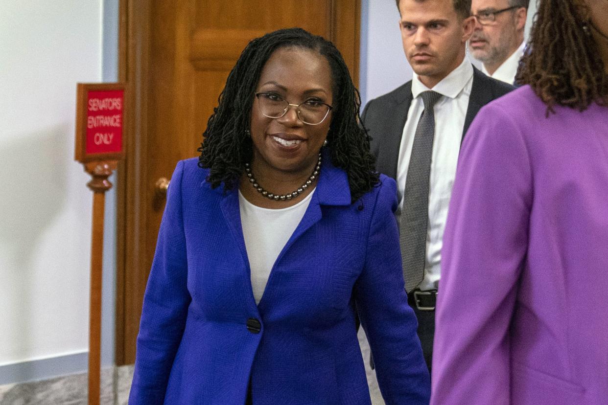 Supreme Court nominee Ketanji Brown Jackson arrives for her Senate Judiciary Committee confirmation hearing on Capitol Hill in Washington, Monday, March 21, 2022.