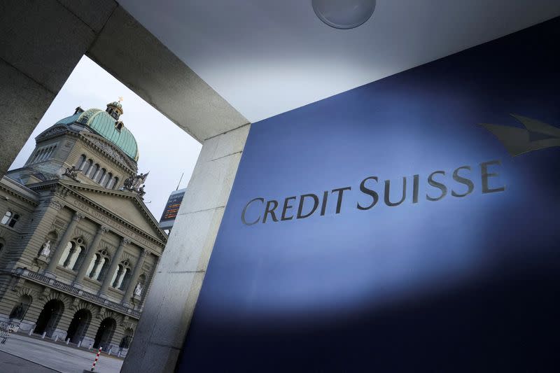 FILE PHOTO: Credit Suisse logo in front of Swiss parliament
