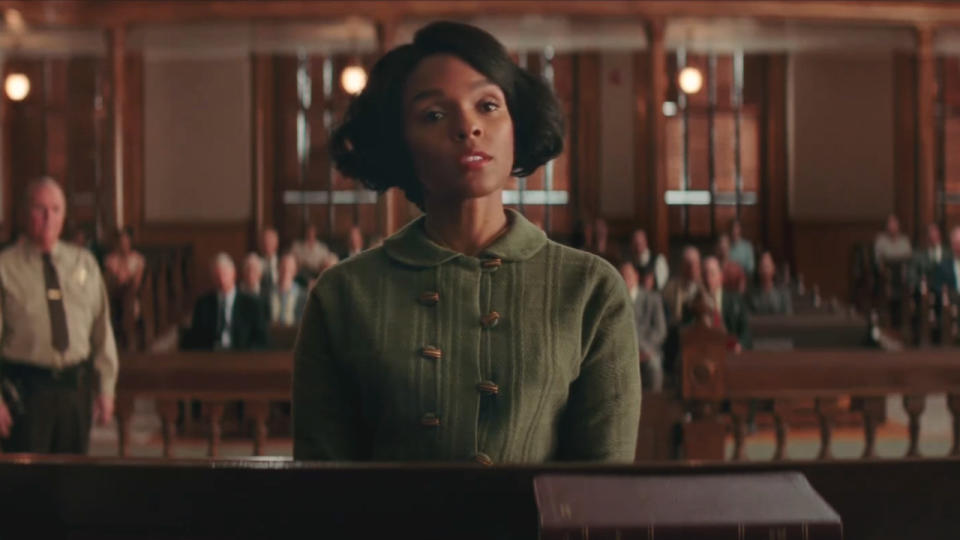 Janelle Monáe speaking in a courtroom in Hidden Figures.