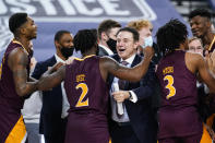 Iona head coach Rick Pitino, right, celebrates with Asante Gist after winning an NCAA college basketball game against Fairfield during the finals of the Metro Atlantic Athletic Conference tournament, Saturday, March 13, 2021, in Atlantic City, N.J. (AP Photo/Matt Slocum)
