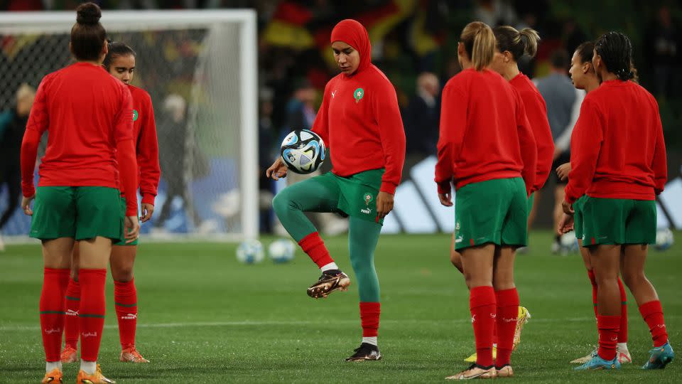 Morocco's Nouhaila Benzina during warm-ups before the match against Germany. - Asanka Brendon Ratnayake/Reuters