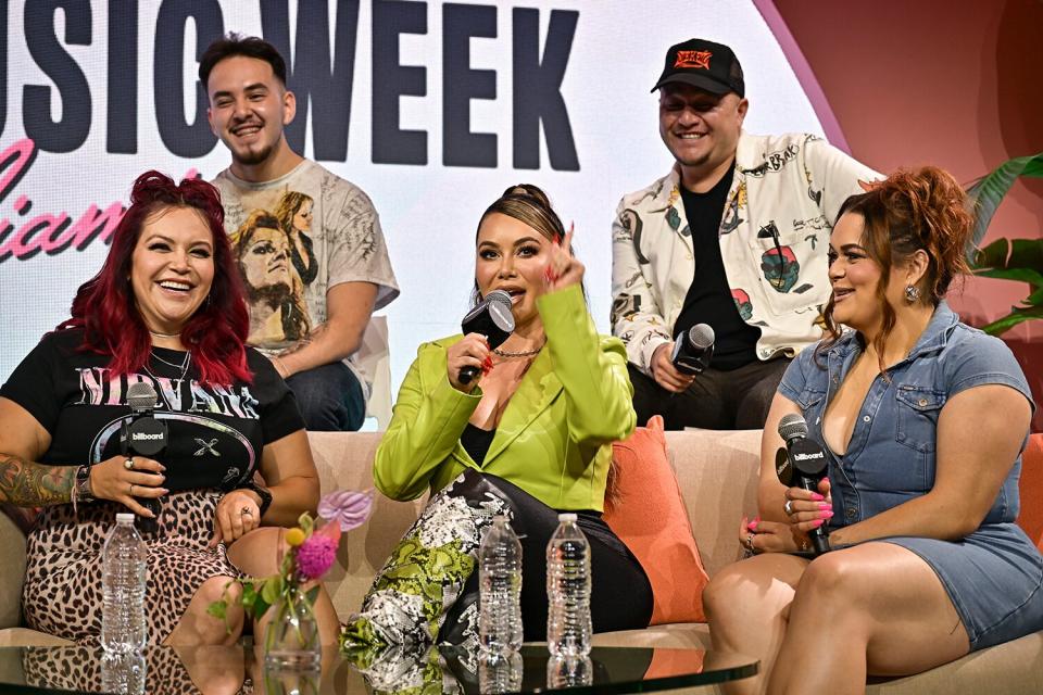 Jacqie Campos, Chiquis Rivera, Johnny Lopez, Michael Marin and Jenicka Lopez speak onstage during The Children of Jenni Rivera: Presented by Amazon Music panel at Billboard Latin Music Week 2022 held at Faena Forum on September 27, 2022 in Miami, Florida.