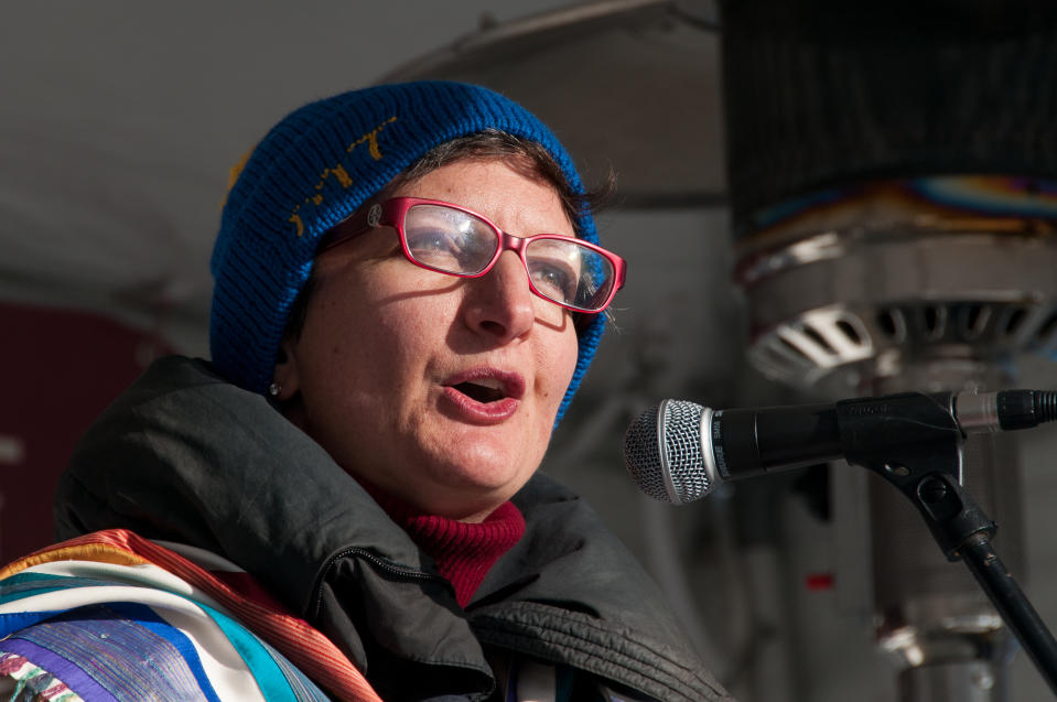 Rabbi Francine Roston speaking at the Love Not Hate gathering in Whitefish, MT. (Photo: Lauren Grabelle)