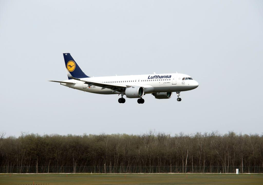 Lufthansa (is the largest German airline), Airbus A320 neo airplane, Cargo hill, Budapest, Hungary, Magyarország, Europe