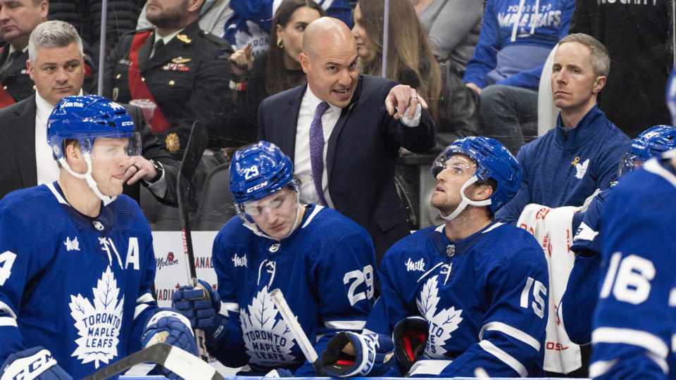 Toronto Maple Leafs assistant Spencer Carbery is in the mix for several open NHL head coaching jobs. (Getty)