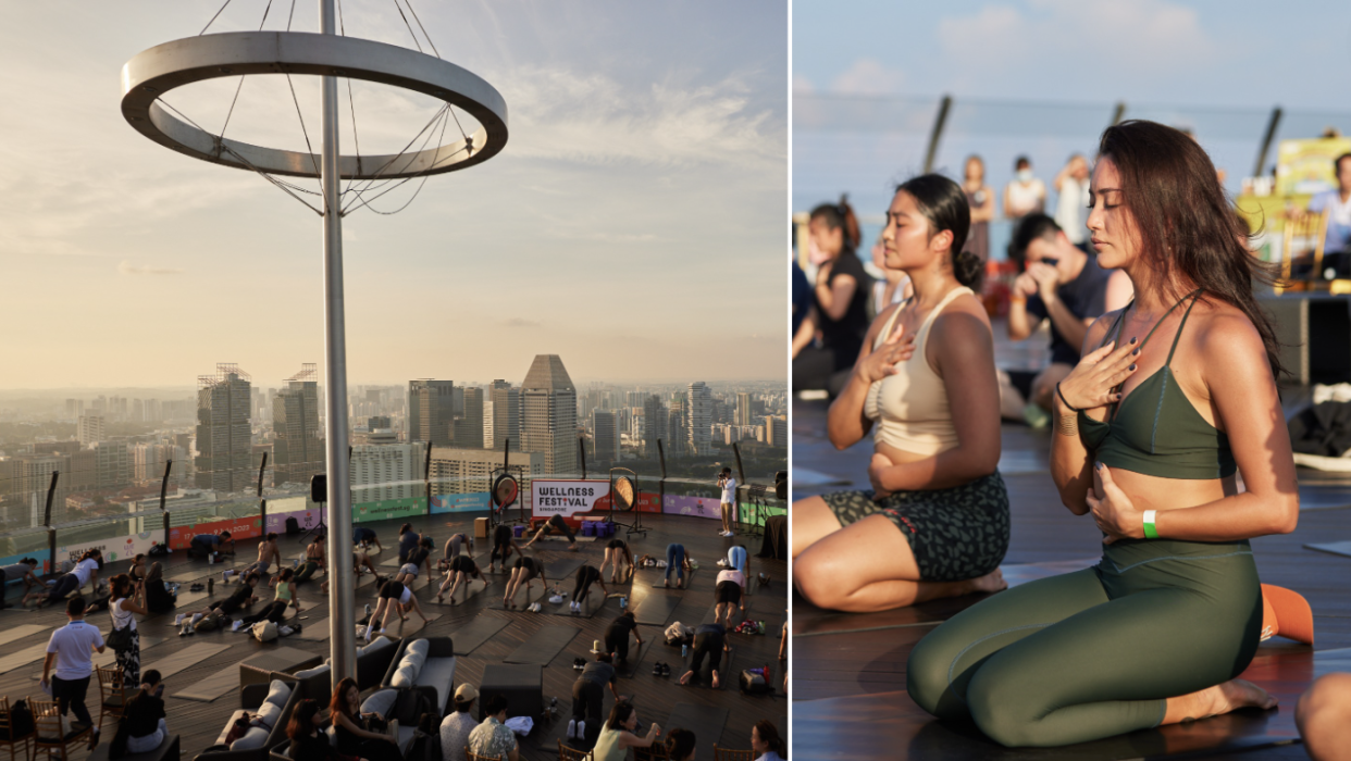 Beats Therapy Performance workout session at Marina Bay Sands SkyPark Observation Deck (left) and Vinyasa Flow yoga class (Photos: Wellness Festival Singapore) 