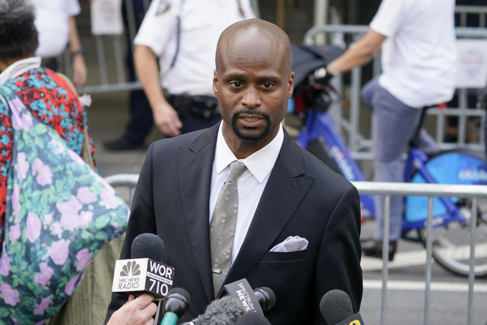 Donte Mills, a lawyer for Jordan Neely's family, speaks to members of the media outside Manhattan Criminal Court, Wednesday, June 28, 2023, in New York, following Daniel Penny's arraignment. Penny, 24, pleaded not guilty to second-degree manslaughter and criminally negligent homicide in the May 1 death of Neely, a former Michael Jackson impersonator who was shouting and begging for money when Penny pinned him to the floor of the moving subway car with the help of two other passengers and held him in a chokehold for more than three minutes. (AP Photo/John Minchillo)