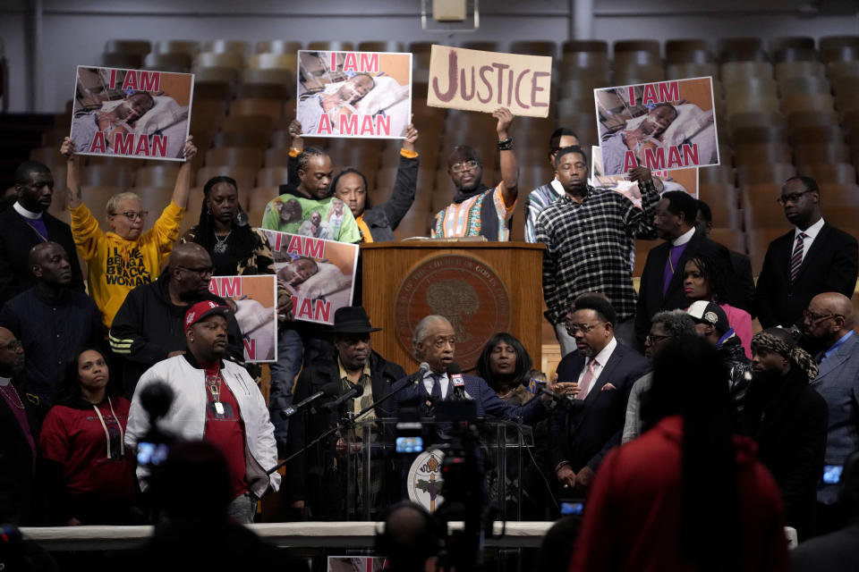 The Rev. Al Sharpton speaks during a news conference at historic Mason Temple about the death of Tyre Nichols Tuesday, Jan. 31, 2023, in Memphis, Tenn. A funeral service for Nichols, who died after being beaten by Memphis police officers during a traffic stop, is scheduled to be held on Wednesday. (AP Photo/Jeff Roberson)