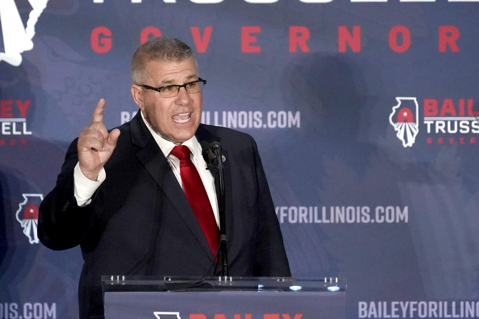 Republican gubernatorial candidate Illinois state Sen. Darren Bailey addresses the crowd after winning the Republican primary Tuesday, June 28, 2022, in Effingham, Ill. Bailey will now face Democratic Gov. J.B. Pritzker in the fall. (AP Photo/Charles Rex Arbogast)