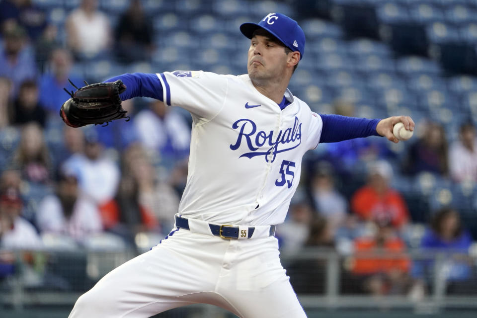 Kansas City Royals starting pitcher Cole Ragans throws against the Houston Astros in the first inning during a baseball game Tuesday, April 9, 2024, in Kansas City, Mo. (AP Photo/Ed Zurga)