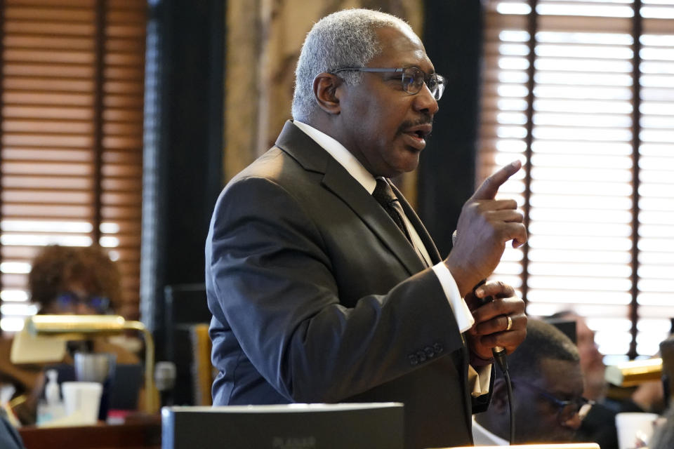 Sen. John Horhn, D-Jackson, asks questions regarding legislation that would transfer ownership of the water system from the city of Jackson to a new public entity managed by a nine-member board selected by the mayor, governor and lieutenant governor, at the Mississippi Capitol, Tuesday, Feb. 7, 2023, in Jackson. (AP Photo/Rogelio V. Solis)