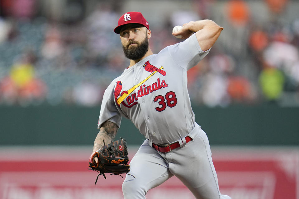 St. Louis Cardinals starting pitcher Drew Rom throws to the Baltimore Orioles in the first inning of a baseball game, Wednesday, Sept. 13, 2023 in Baltimore. (AP Photo/Julio Cortez)