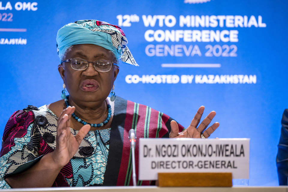 Nigeria's Ngozi Okonjo-Iweala, director general of the World Trade Organization (WTO) speaks at a press conference after the closing of the 12th Ministerial Conference (MC12) at the headquarters of WTO in Geneva, Switzerland, Friday, June 17, 2022. (Martial Trezzini/Keystone via AP)