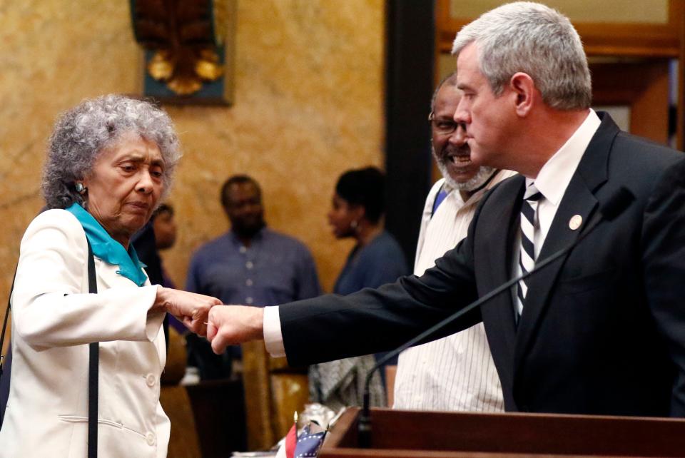 House Speaker Philip Gunn, R-Clinton, fist bumps with Rep Alyce Clarke, D-Jackson, as they say their goodbyes at the Capitol in Jackson Wednesday, March 28, 2018.