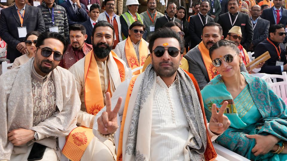 Bollywood actors were among those at the ceremony including, from left to right, Ayushmann Khurrana, Vicky Kaushal, Ranbir Kapoor and Alia Bhatt - Rajesh Kumar Singh/AP