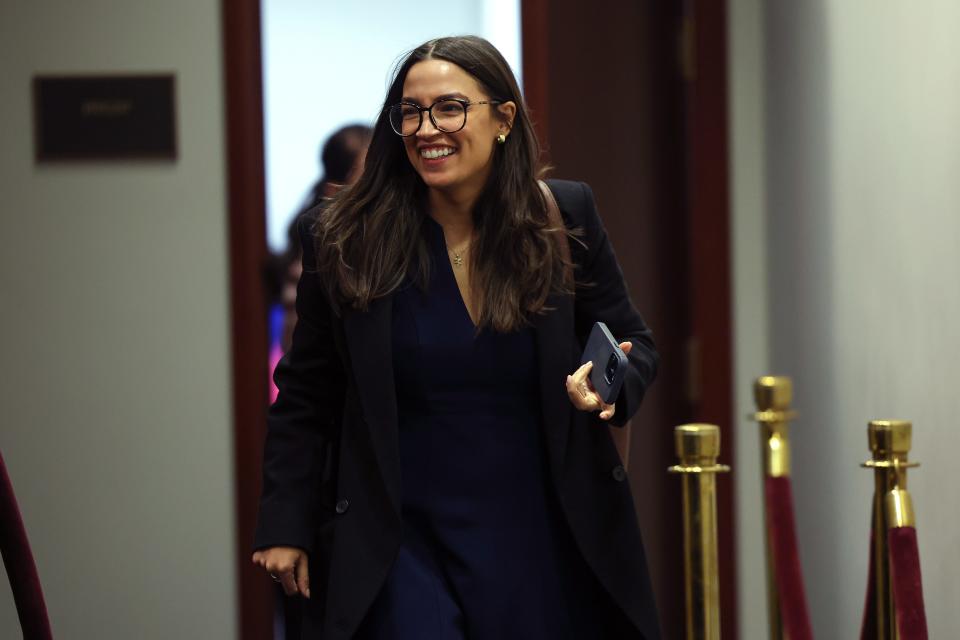 U.S. Rep. Alexandria Ocasio-Cortez (D-NY) leaves a House Democratic caucus meeting on February 14, 2024 in Washington, DC.