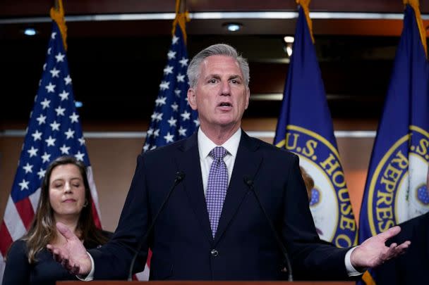 PHOTO: House Minority Leader Kevin McCarthy talks to reporters about the appropriations process by the majority Democrats to fund the government, in Washington, Dec. 14, 2022. (J. Scott Applewhite/AP Photo)