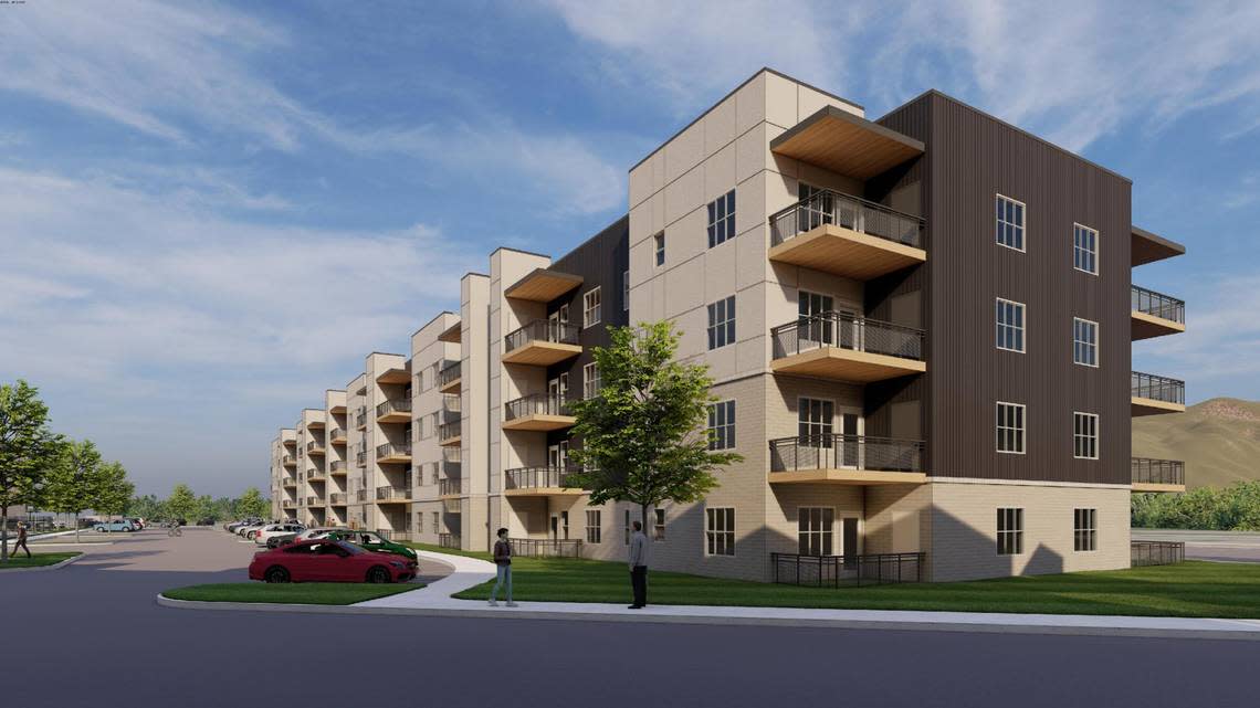 This rendering shows a future view of one of the five proposed apartment buildings at 2774 E. Gowen Road in Southeast Boise. Hawkins Cos. is proposing the project.