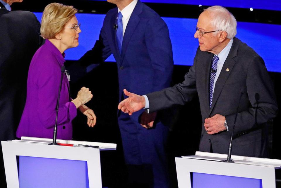 From left: Sen. Elizabeth Warren and Sen. Bernie Sanders at Tuesday's Democratic primary debate | Patrick Semansky/AP/Shutterstock