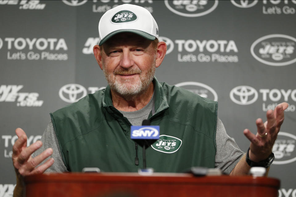 FILE - In this Nov. 5, 2015, file photo, then-New York Jets offensive coordinator Chan Gailey speaks to reporters during NFL football practice in Florham Park, N.J. Enjoying a life filled with golf and grandkids, Gailey was three years into a pretty typical retirement when it took a twist. Miami Dolphins coach Brian Flores called and offered Gailey a job as offensive coordinator. “I was taken aback a little bit,” Gailey said Saturday, Aug. 8, 2020, looking back on that transformative phone conversation seven months ago. (AP Photo/Julio Cortez, File)