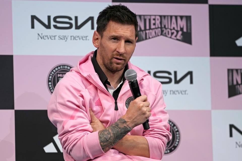 Inter Miami's Lionel Messi speaks during a press conference ahead of his team's friendly soccer match against Vissel Kobe in Tokyo.