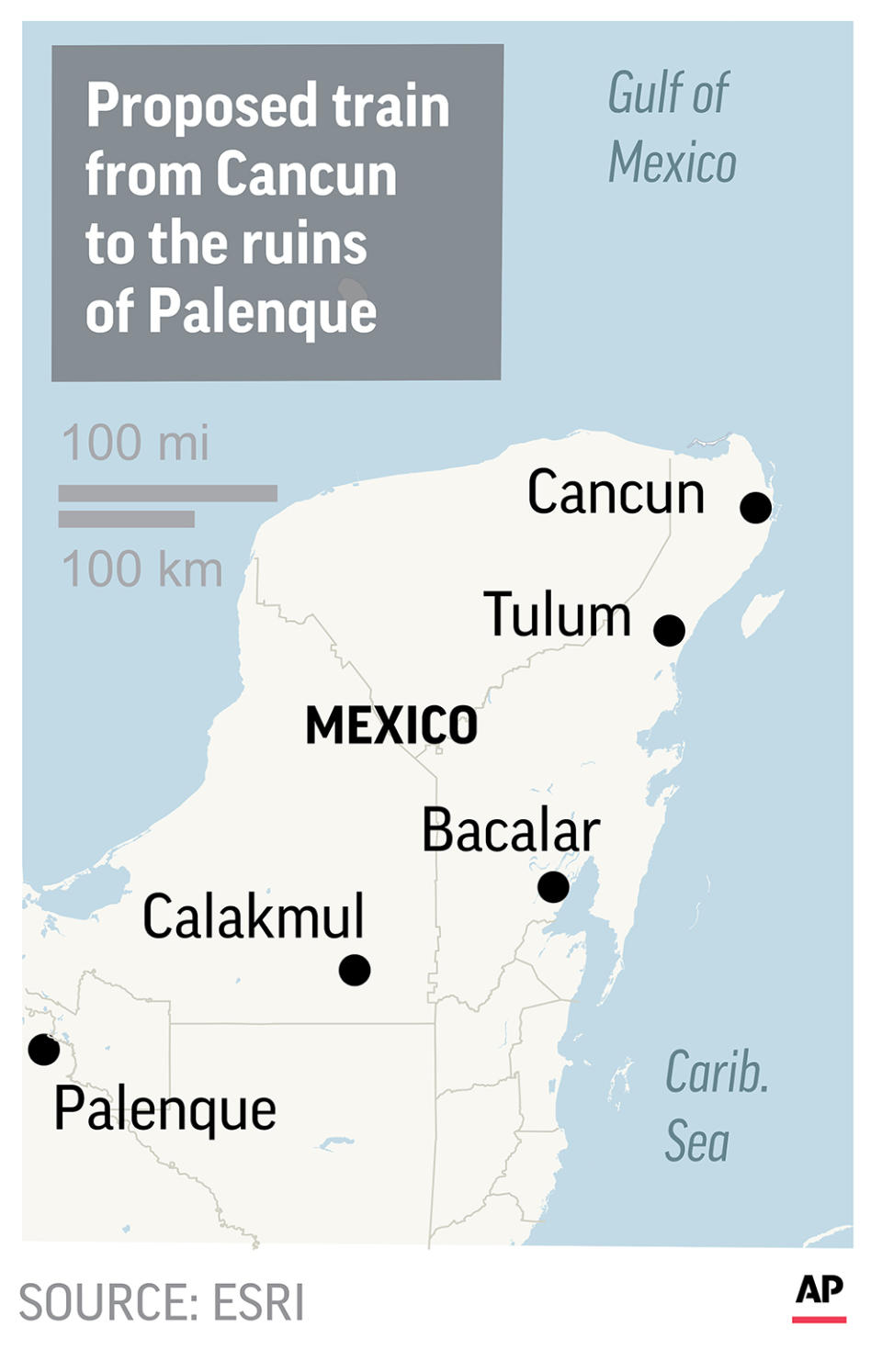The $3.2 billion train would run from the resort of Cancun to the Mayan ruins of Palenque across the Yucatan peninsula.