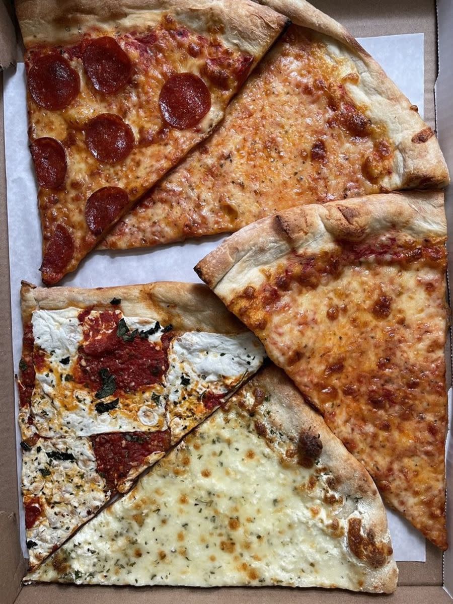 Five slices of pepperoni, regular, white, Margherita slices in a pizza box, J&V Pizzeria, Brooklyn, New York, slices are placed in geometric shapes