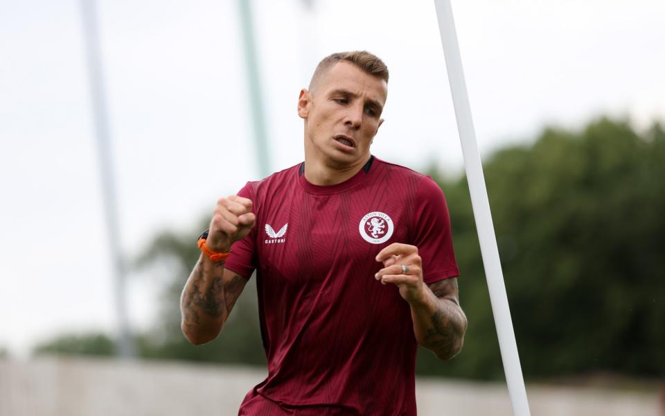 Lucas Digne of Aston Villa exercises during a training session at Bodymoor Heath training ground on July 08, 2023 in Birmingham, England