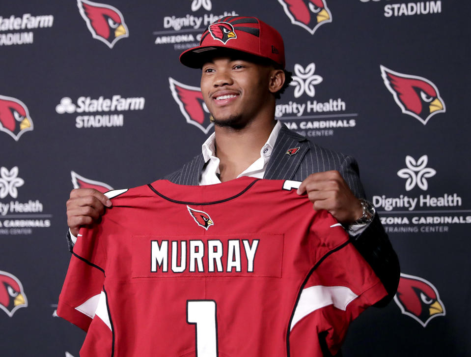 Arizona Cardinals NFL football quarterback Kyler Murray is introduced, Friday, April 26, 2019, at the Cardinals' practice facility in Tempe, Ariz. Murray was the first overall pick in the 2019 NFL Football draft. (AP Photo/Matt York)